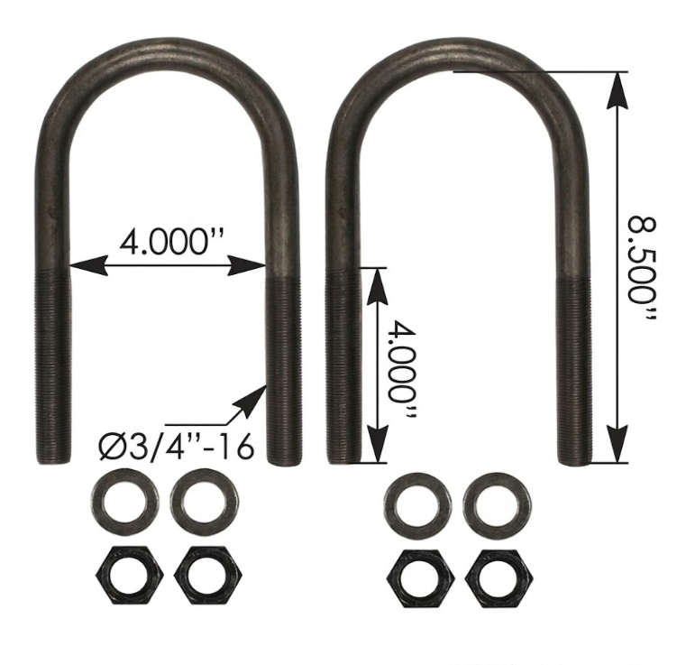 Abrazadera U Delantera ancho 4" - Largo 8.5" - 4" Rosca de 3/4  Freightliner Mack
